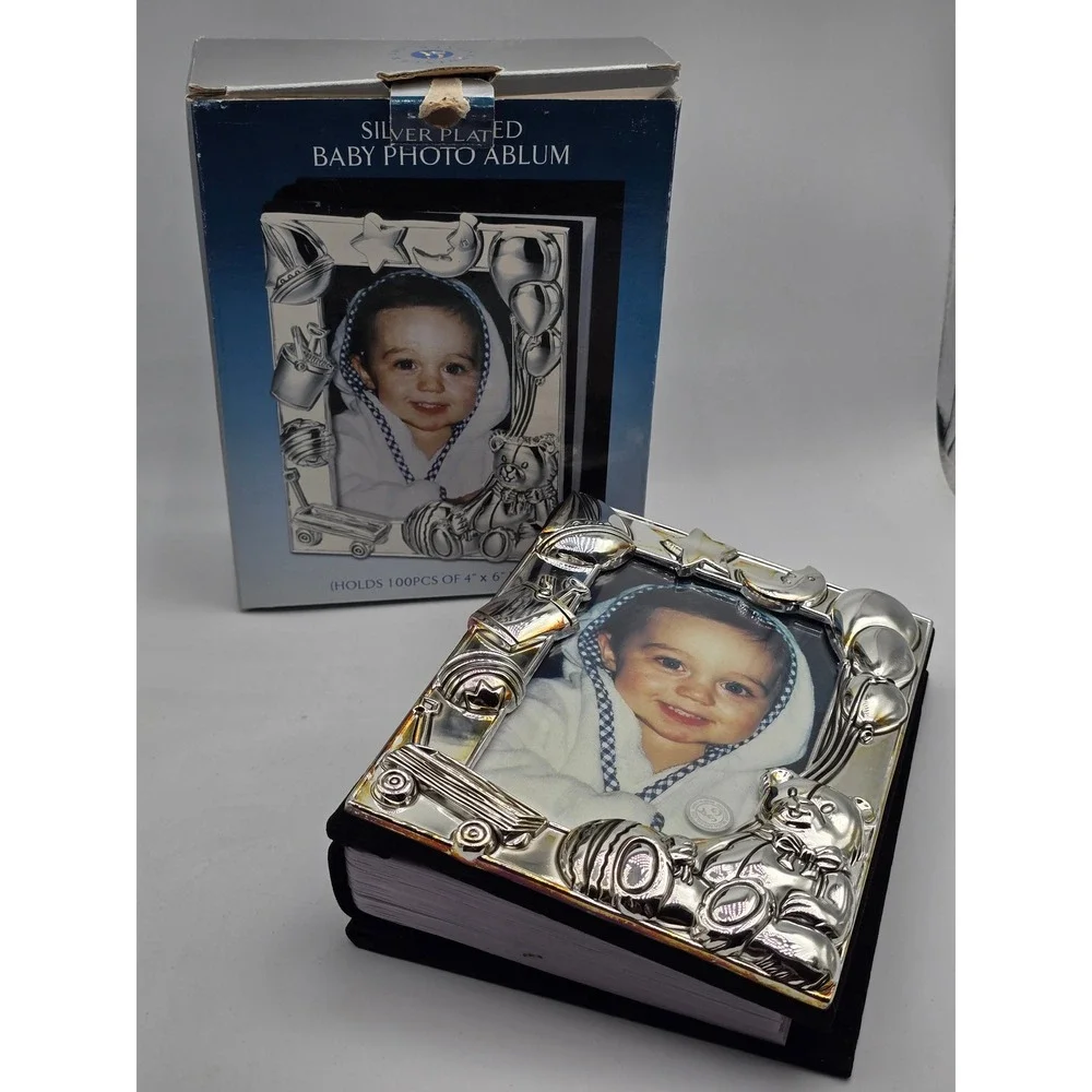 Vtg Godinger Silver Plated Baby Photo Album Teddy Bear Moon Stars Holds 100 4x6